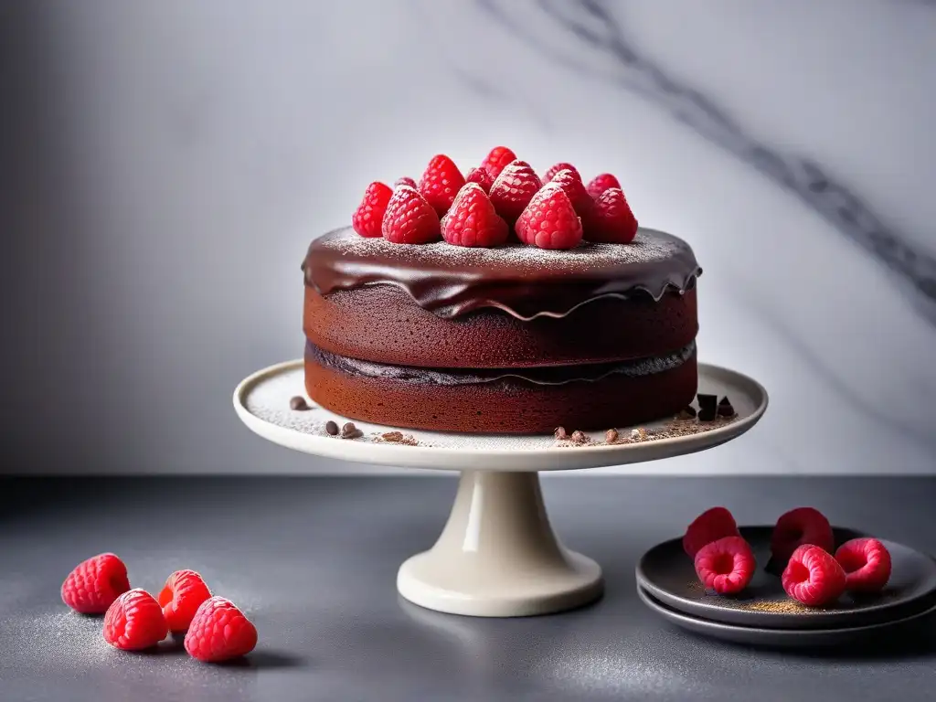 Delicioso pastel vegano de chocolate perfecto: capas de frosting cremoso, frambuesas frescas y polvo de cacao sobre un elegante soporte blanco