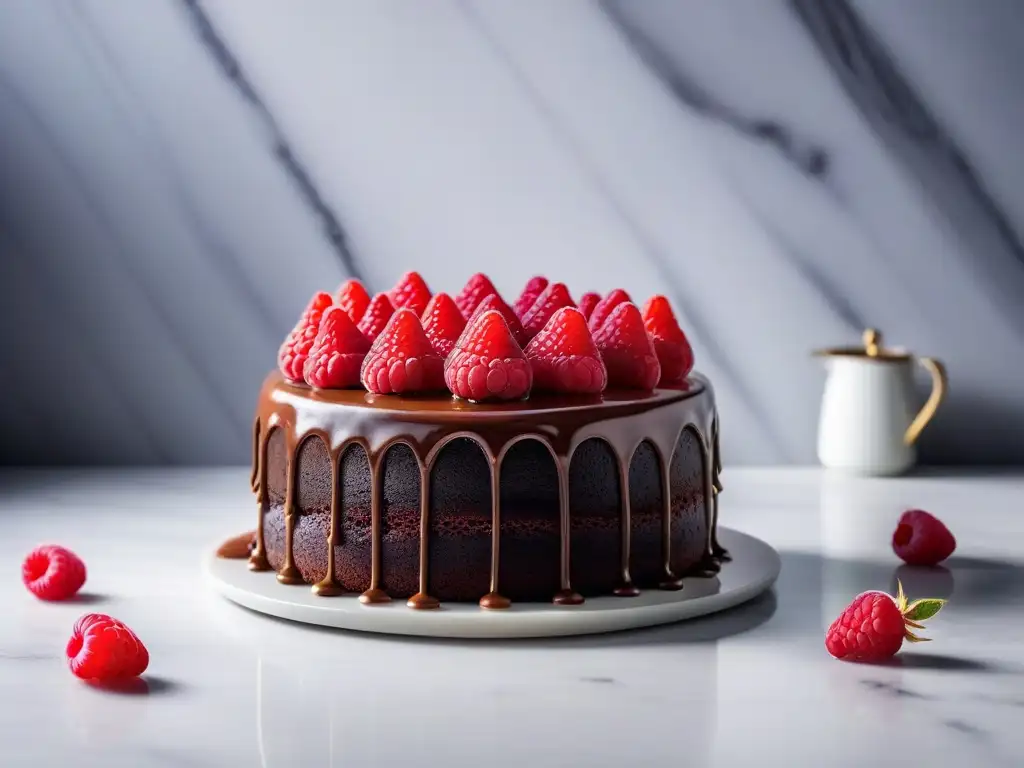 Delicioso pastel vegano de chocolate decorado con ganache brillante, frambuesas frescas y flores comestibles en una elegante cocina minimalista