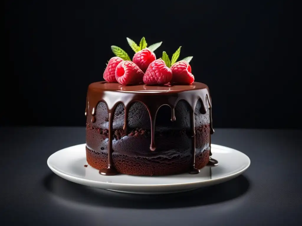 Delicioso pastel vegano de chocolate cacao con ganache brillante, frambuesas frescas y hojas de menta en un elegante plato blanco, sobre fondo negro