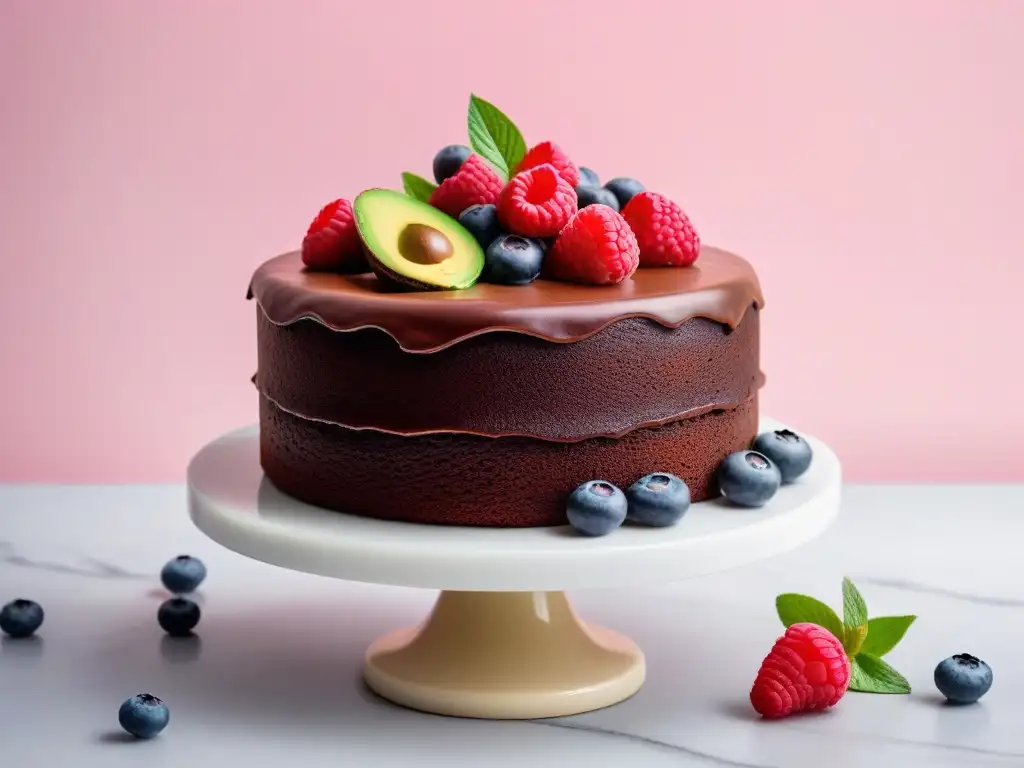 Delicioso pastel vegano de chocolate con frosting de aguacate, frutas y flores comestibles