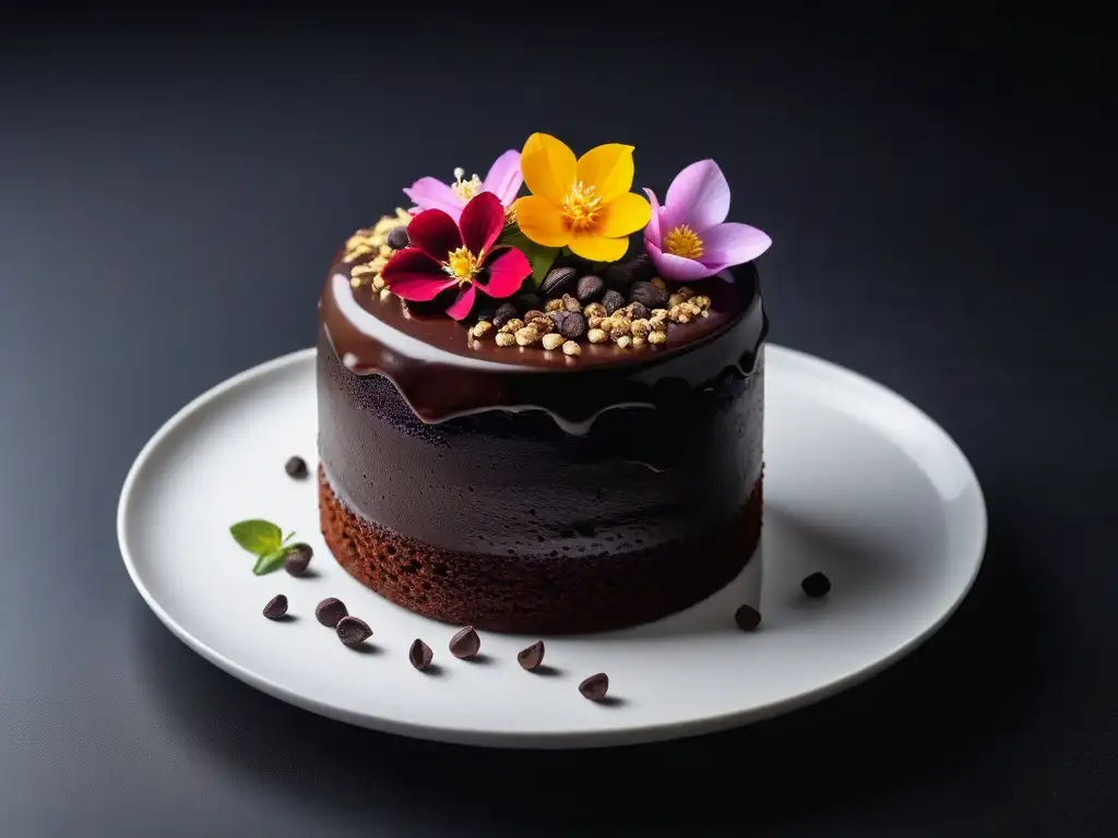 Delicioso pastel vegano de chocolate con ganache, cacao crudo y flores comestibles en plato blanco minimalista sobre fondo negro