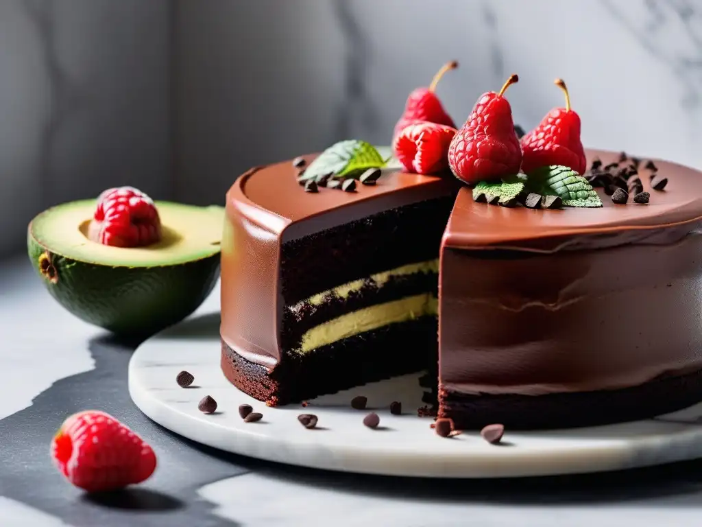 Delicioso pastel vegano de chocolate con ganache de aguacate, decorado con frambuesas frescas y hojas de menta sobre encimera de mármol