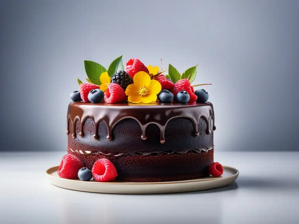 Delicioso pastel vegano de chocolate con ganache, frutas y flores comestibles