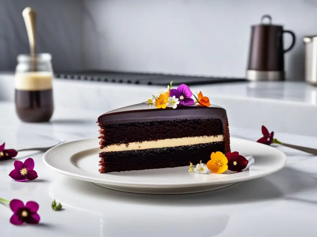 Delicioso pastel vegano de chocolate con flores comestibles y ganache brillante, en un elegante plato blanco