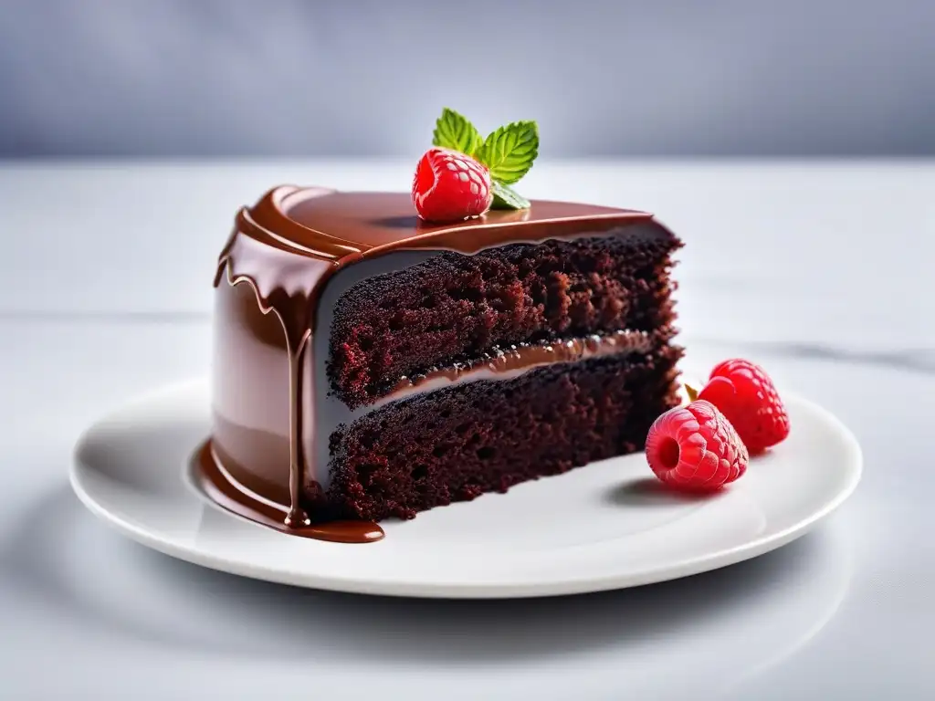 Delicioso pastel vegano de chocolate con ganache brillante, frambuesas frescas y hojas de menta en un plato blanco