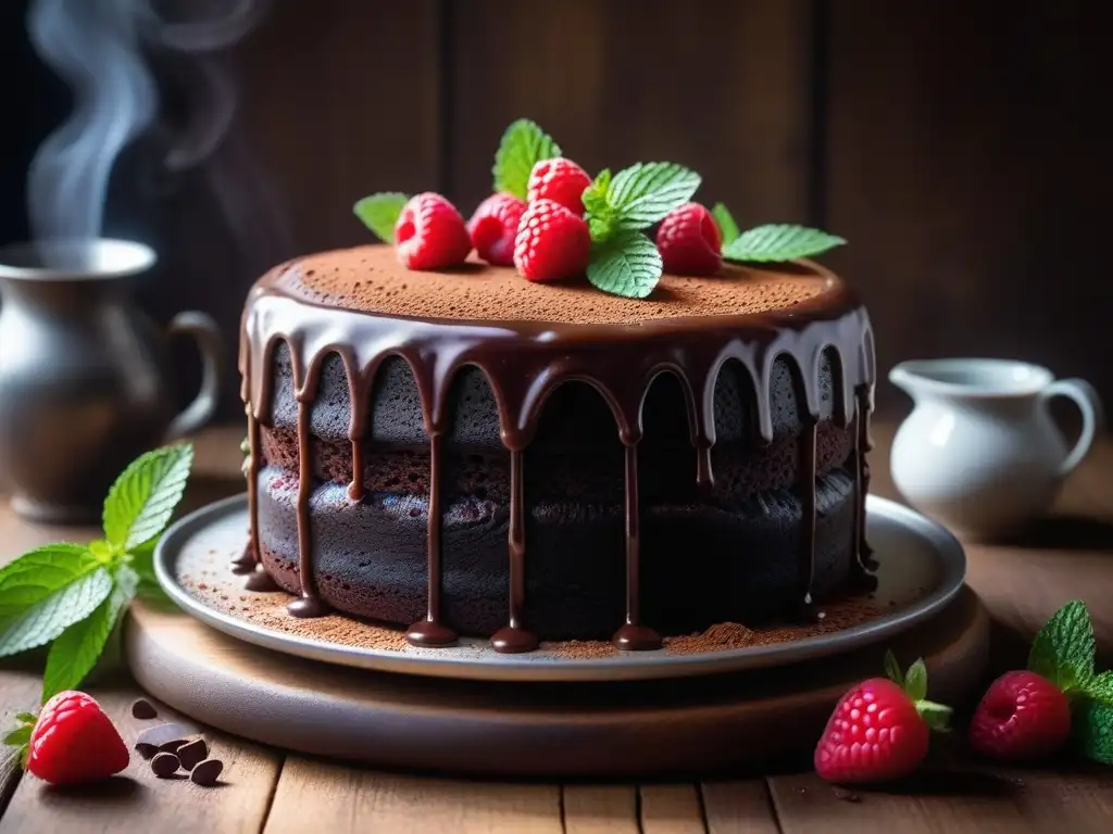 Delicioso pastel vegano de chocolate recién horneado, con ganache y frutas frescas