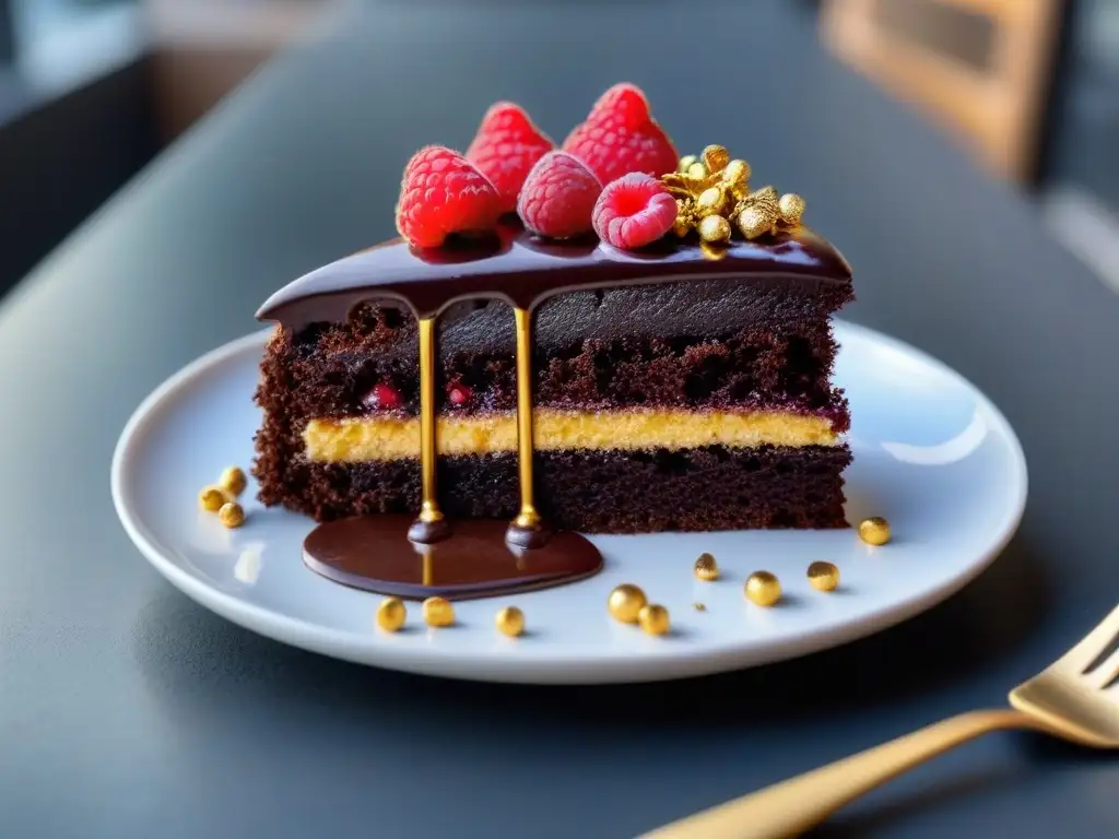 Delicioso pastel vegano de chocolate con frambuesas y ganache, decorado con hojuelas de oro comestibles en cafetería moderna