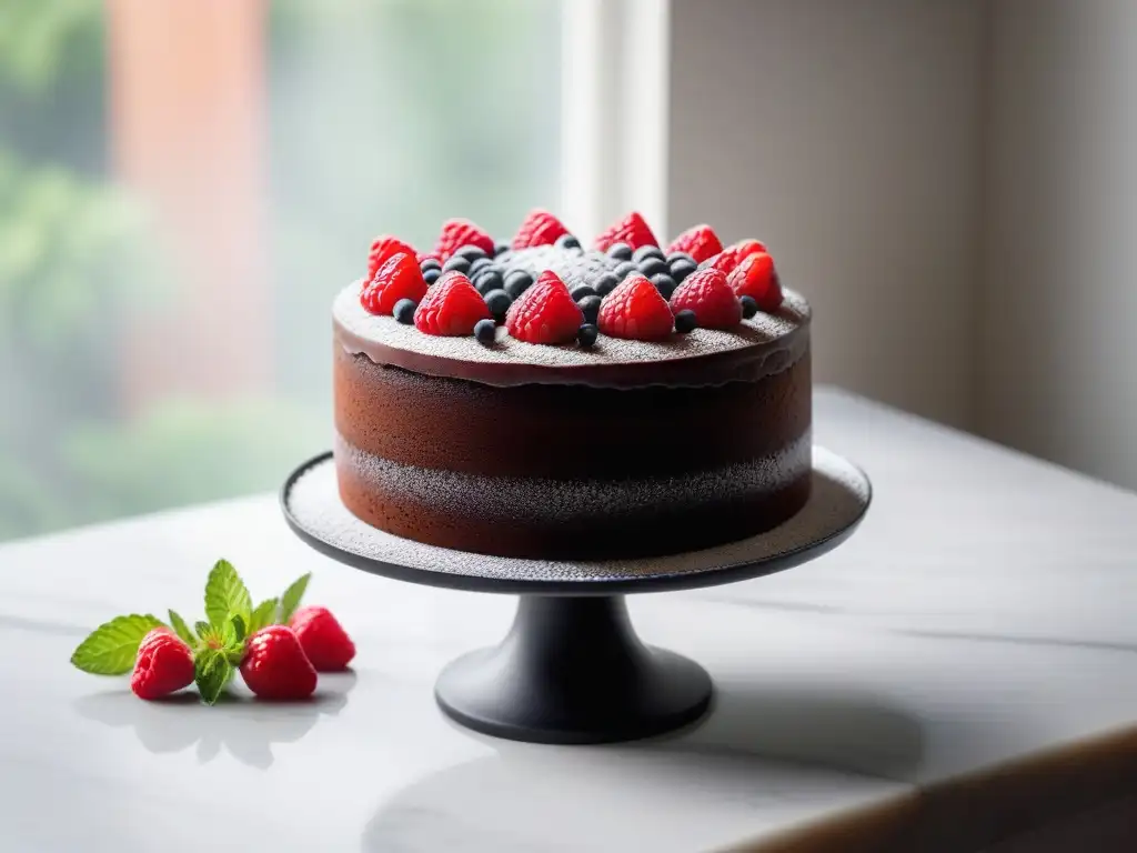 Delicioso pastel vegano decorado con flores, bayas y hojas de menta en una encimera de mármol