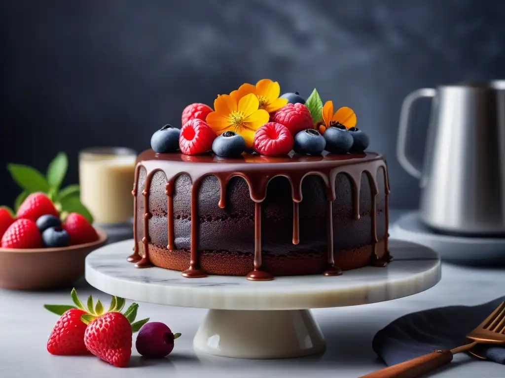 Delicioso pastel vegano decorado con frutas y flores, en un entorno elegante y minimalista