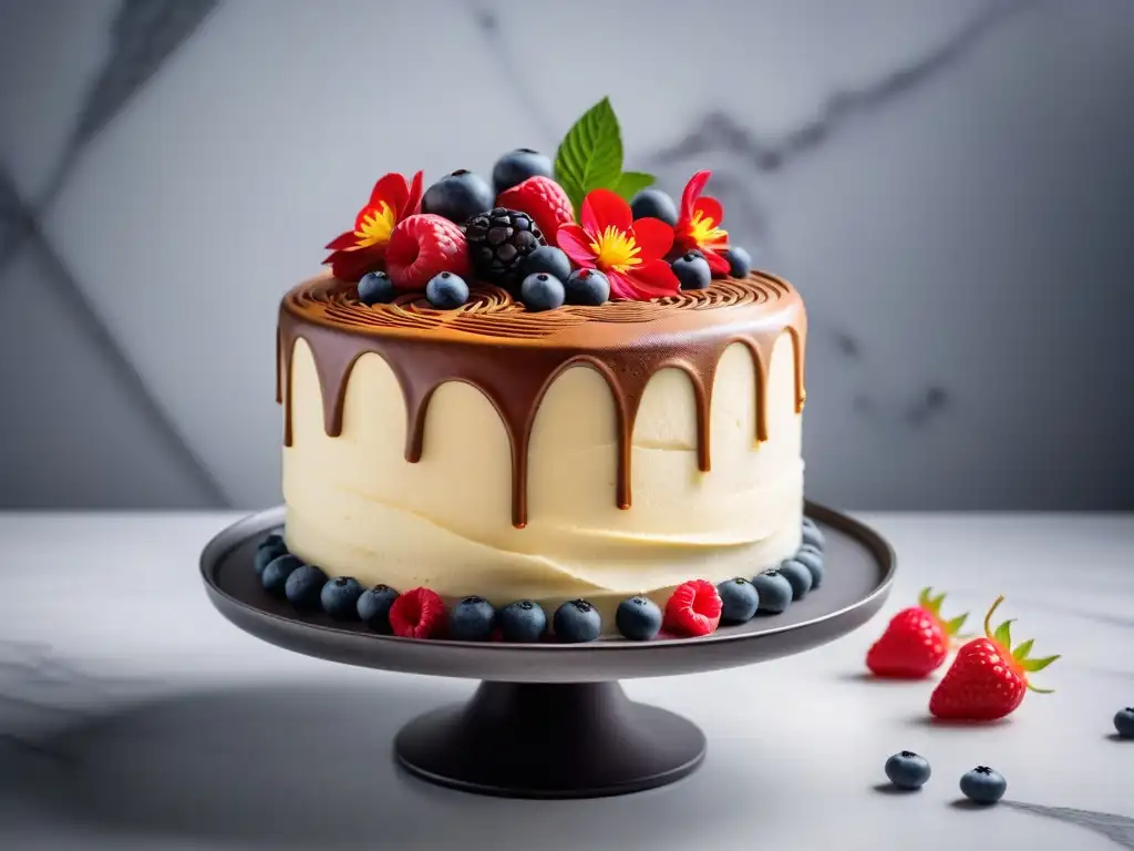 Delicioso pastel vegano decorado con swirls de buttercream, bayas y flores comestibles en base de mármol