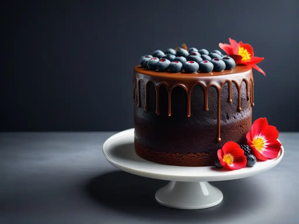 Delicioso pastel vegano decorado con técnica innovadora de pastelería, bayas y flores comestibles