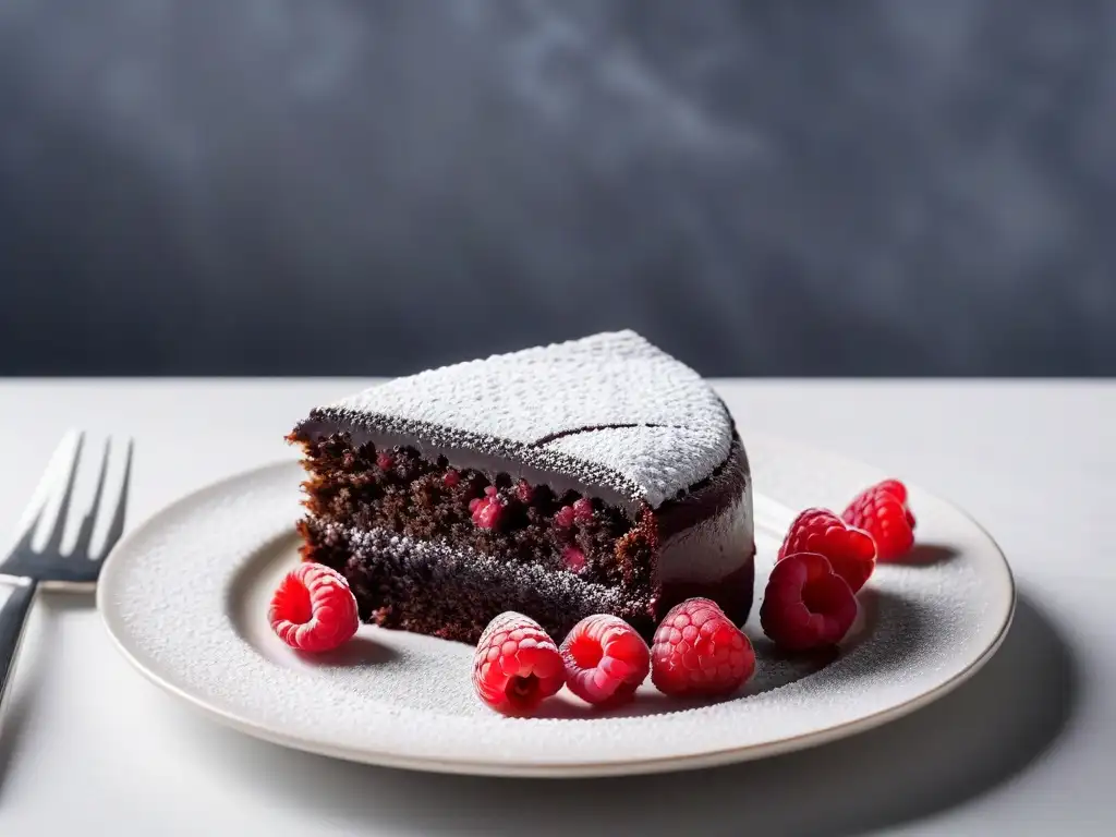 Delicioso pastel vegano sin gluten con frambuesas frescas y azúcar glas en un elegante plato blanco en una cocina soleada y acogedora