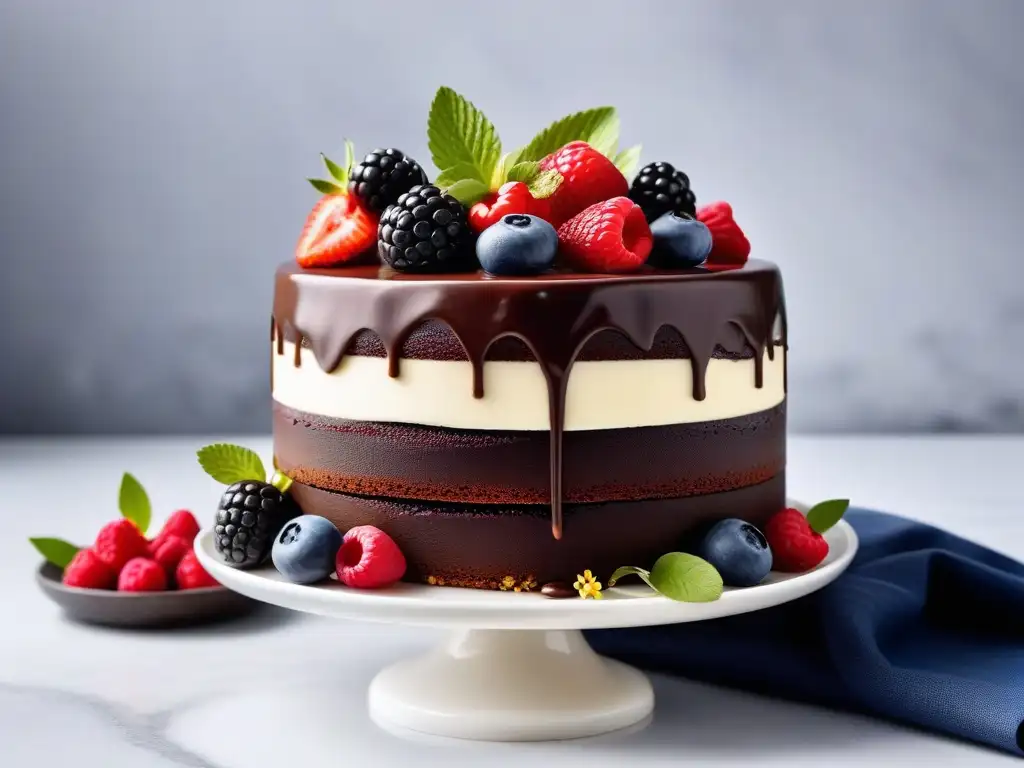 Delicioso pastel vegano sin horno con ganache de chocolate, frutas frescas y flores comestibles en una cocina luminosa y moderna