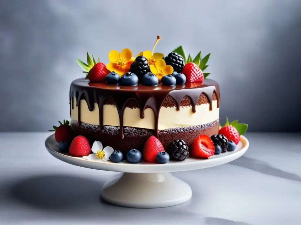 Delicioso pastel vegano sin horno con ganache de chocolate, frutos rojos y flores comestibles en elegante soporte de mármol