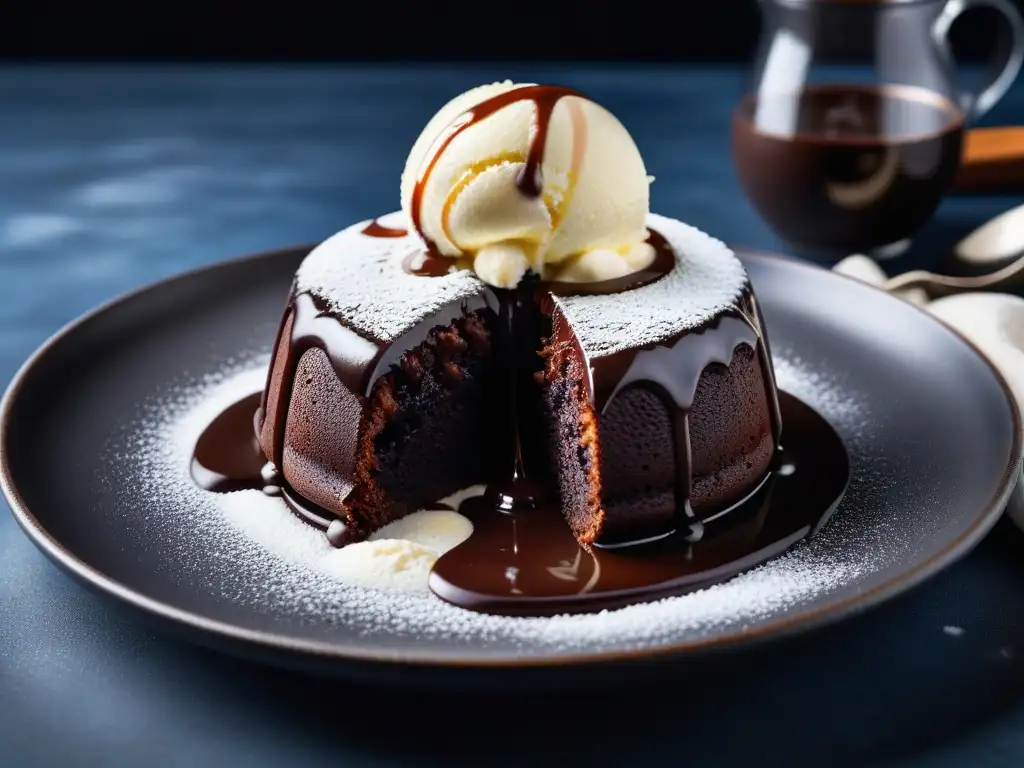 Delicioso pastel vegano de lava de chocolate con helado de vainilla, en un plato minimalista