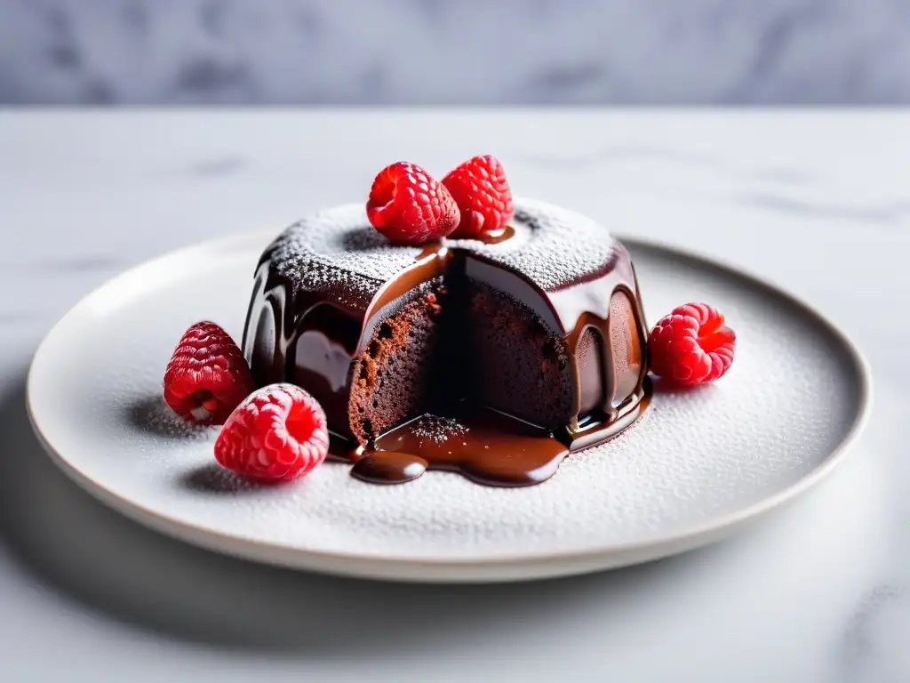 Delicioso pastel vegano de lava de chocolate con ganache brillante, frambuesas frescas y cacao en polvo, en un mercado de agricultores