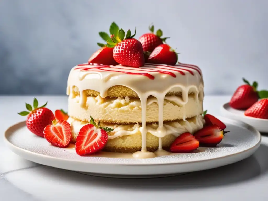 Delicioso pastel vegano de tres leches con fresas frescas y leche condensada sin lácteos