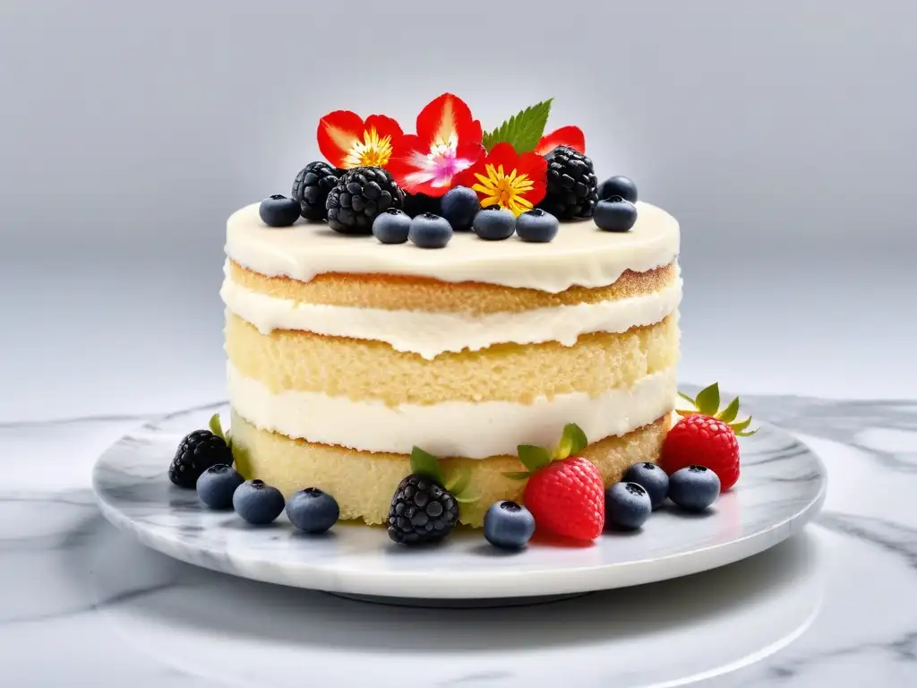 Delicioso pastel vegano de tres leches decorado con frutas y flores comestibles, sobre plato de mármol, fondo blanco