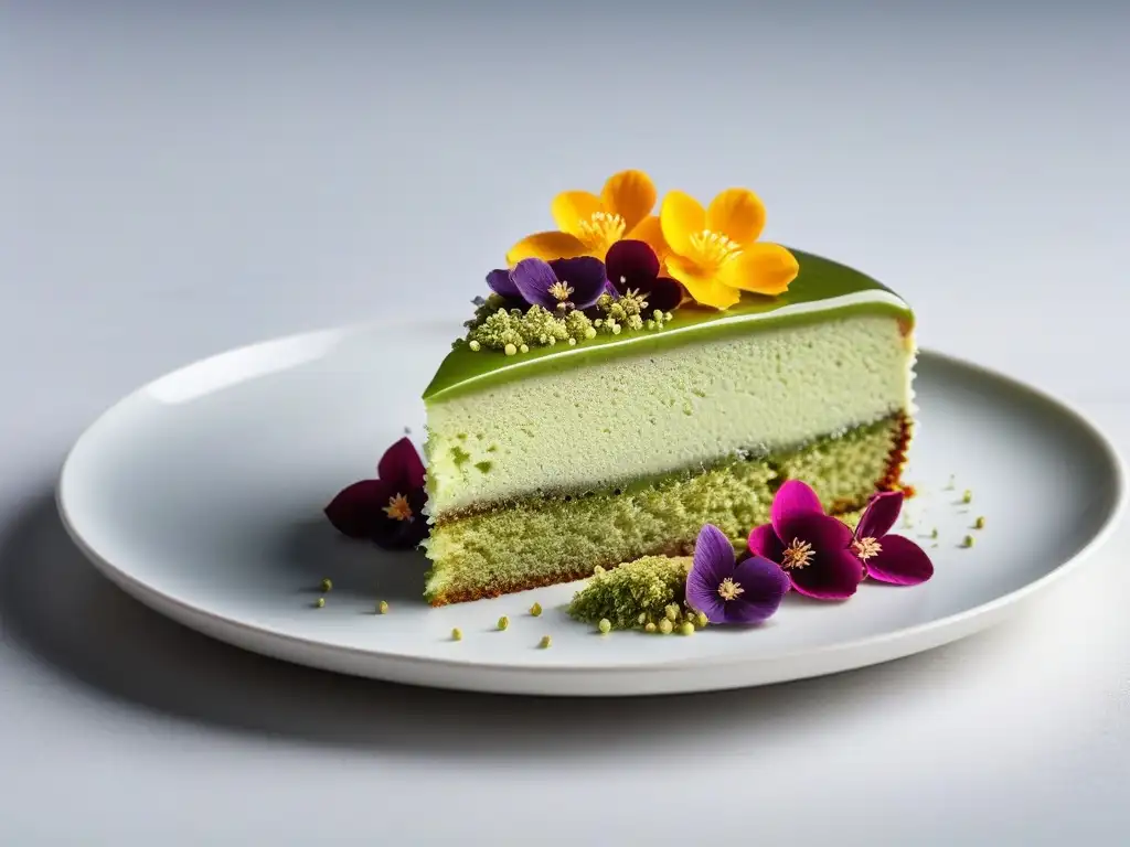 Delicioso pastel vegano de té matcha decorado con flores comestibles, en plato blanco minimalista bajo luz natural