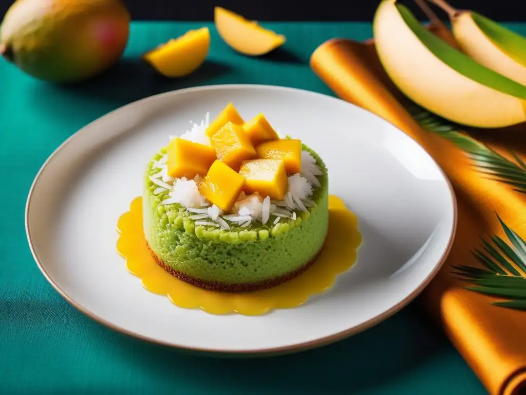 Delicioso pastel vegano de pandan decorado con coco y mango sobre tela batik del Sudeste Asiático