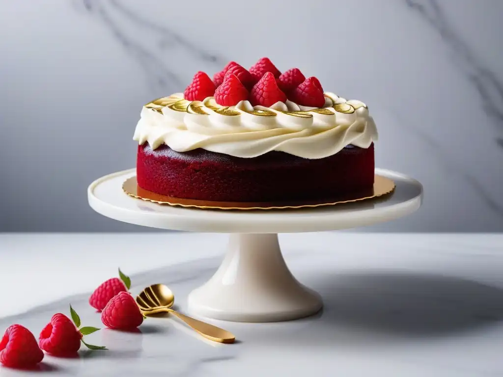 Delicioso pastel vegano de terciopelo rojo con crema de queso sin lácteos, frambuesas y hojas de oro comestibles