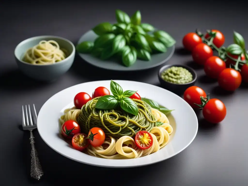 Delicioso pesto vegano gourmet sobre pasta, decorado con tomates cherry y albahaca fresca