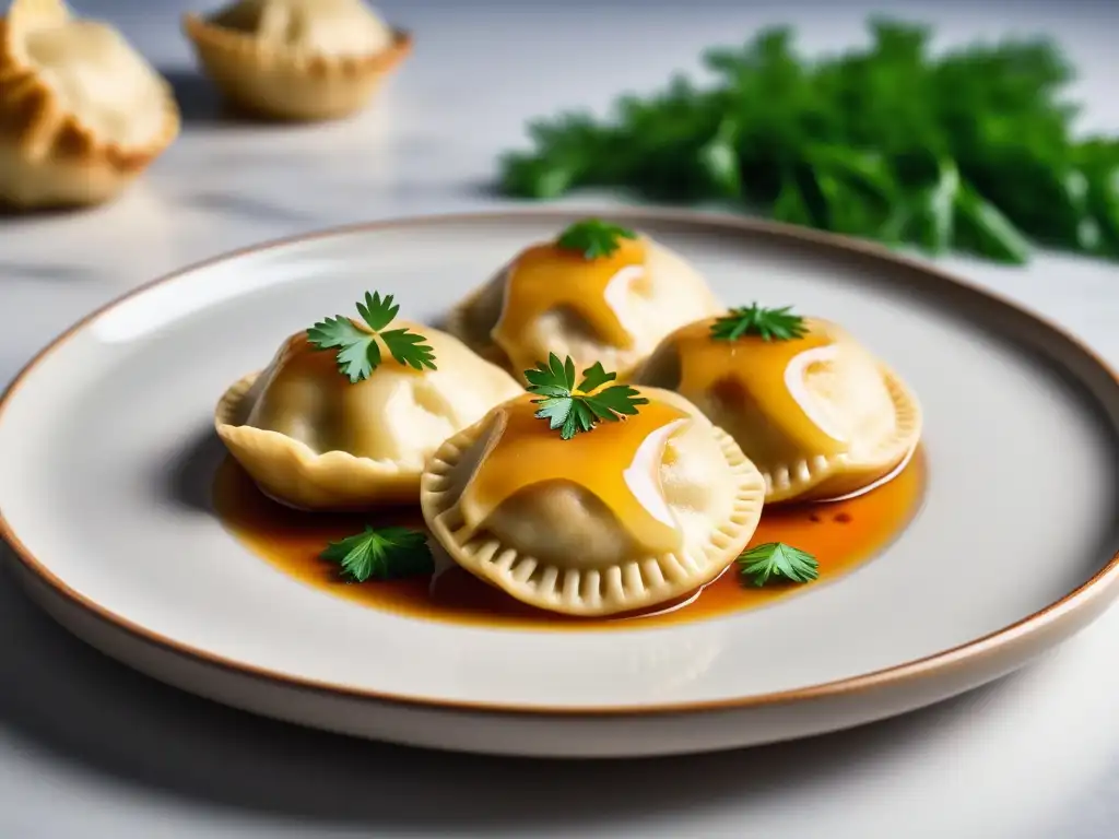 Un delicioso pierogi vegano recién cocinado en un plato moderno, con hierbas frescas