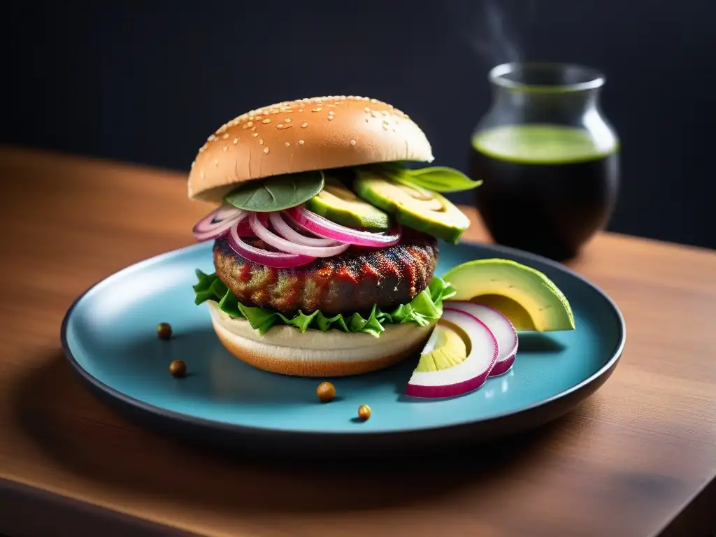¡'Delicioso burger vegano con toques innovadores en un ambiente vibrante'! Delicioso platillo vegano americano con toques tradicionales e innovadores en una presentación exquisita