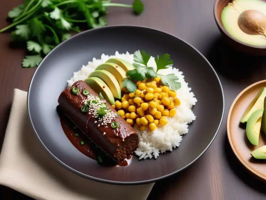 Un delicioso platillo vegano de mole mexicano, moderno y colorido, con aguacate, elote y rábano frescos
