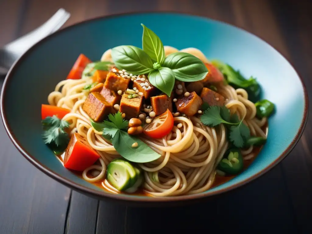 Delicioso platillo vegano del sudeste asiático con ingredientes frescos y coloridos en un elegante tazón moderno