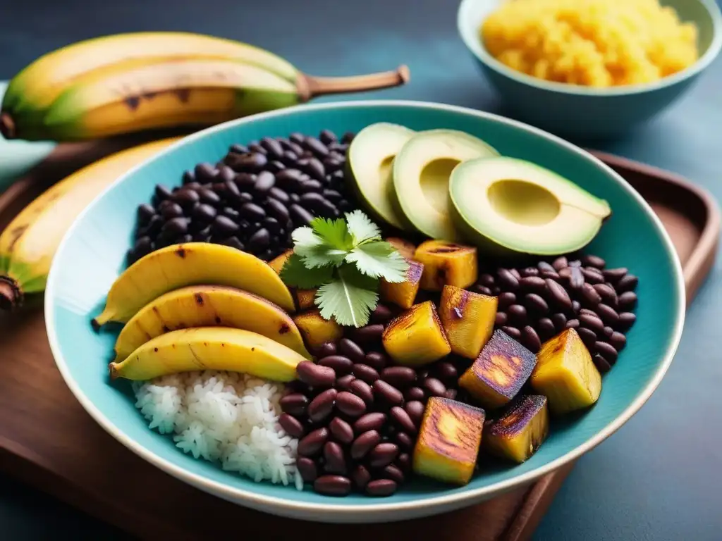 Delicioso plato caribeño vegano con plátanos, arroz de coco, frijoles negros y aguacate