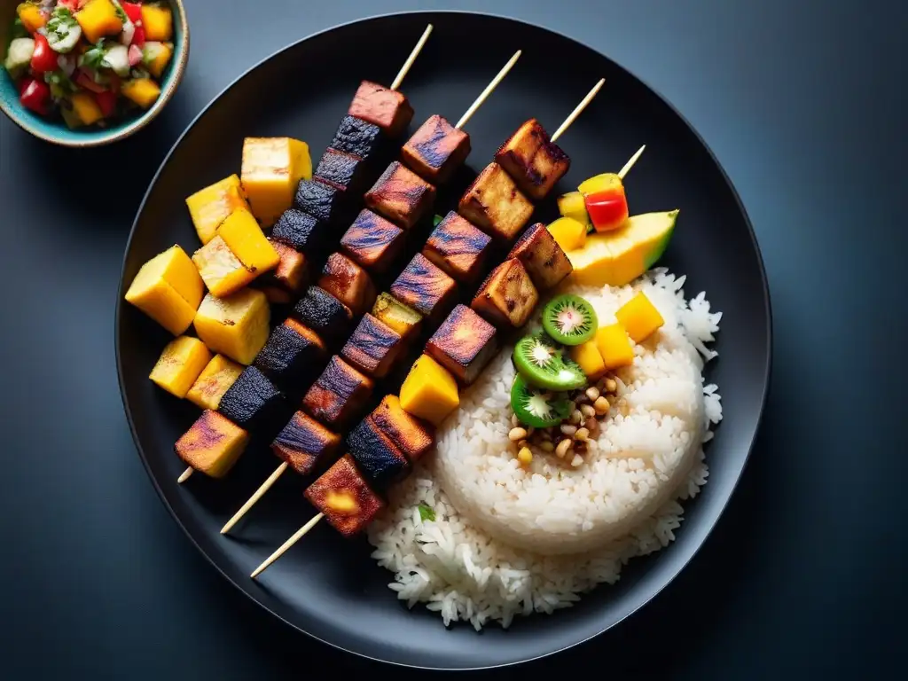 Delicioso plato caribeño vegano con plátanos, brochetas de tofu, arroz de coco y salsa de mango en un elegante plato negro