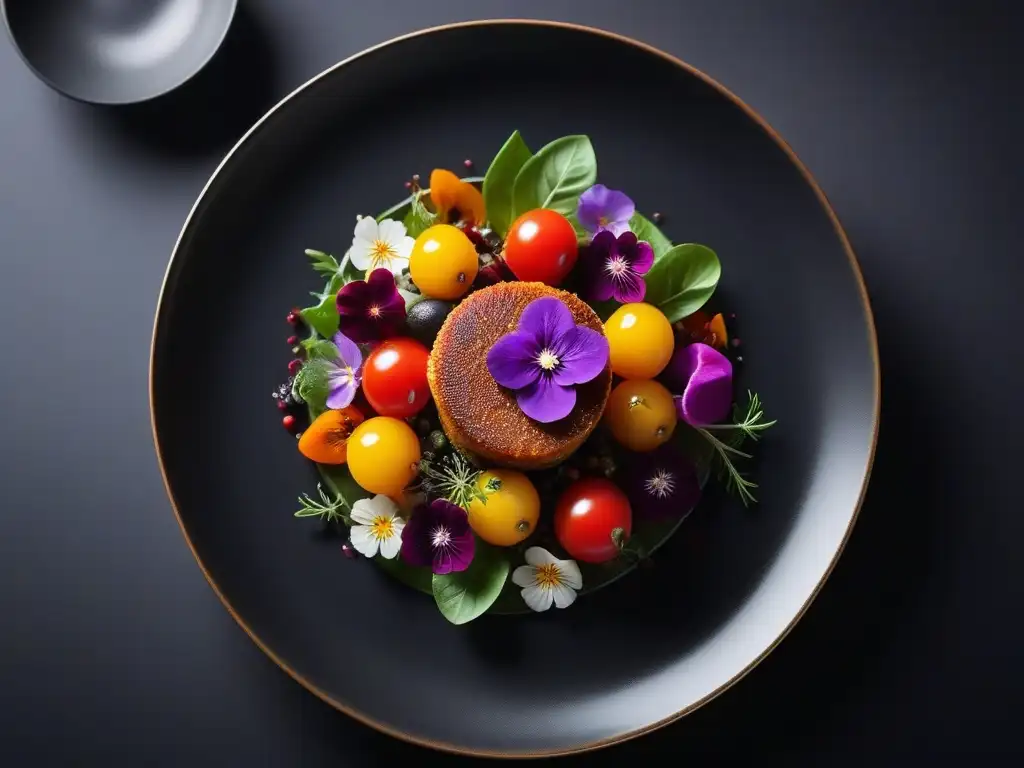 Delicioso plato gourmet vegano con verduras vibrantes y coloridas, presentado de manera artística y sofisticada