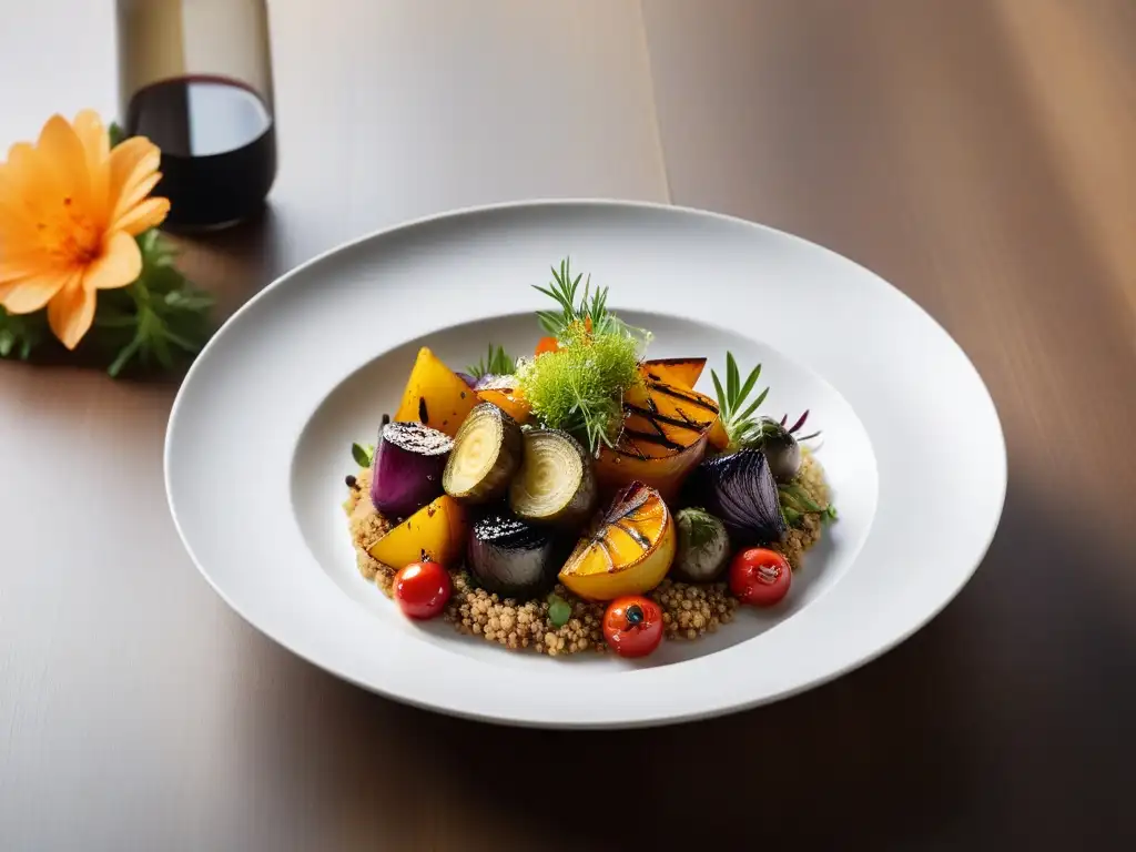 Delicioso plato gourmet vegano con verduras asadas, quinoa y glaseado balsámico en elegante vajilla blanca sobre mesa rústica de madera