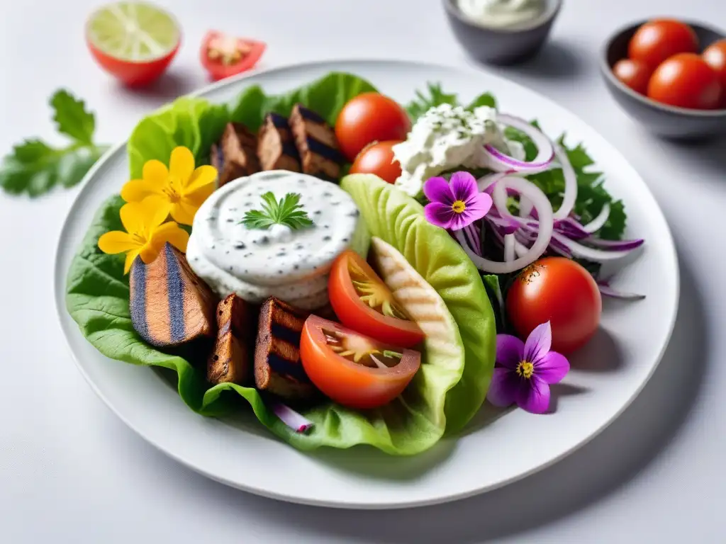 Delicioso plato de gyros veganos con tomate, lechuga y salsa tzatziki en un plato blanco elegante