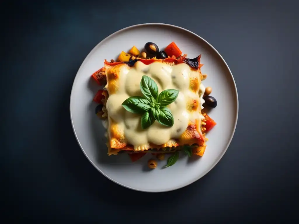 Un delicioso plato de lasaña vegana con vegetales coloridos, queso de anacardos y albahaca fresca