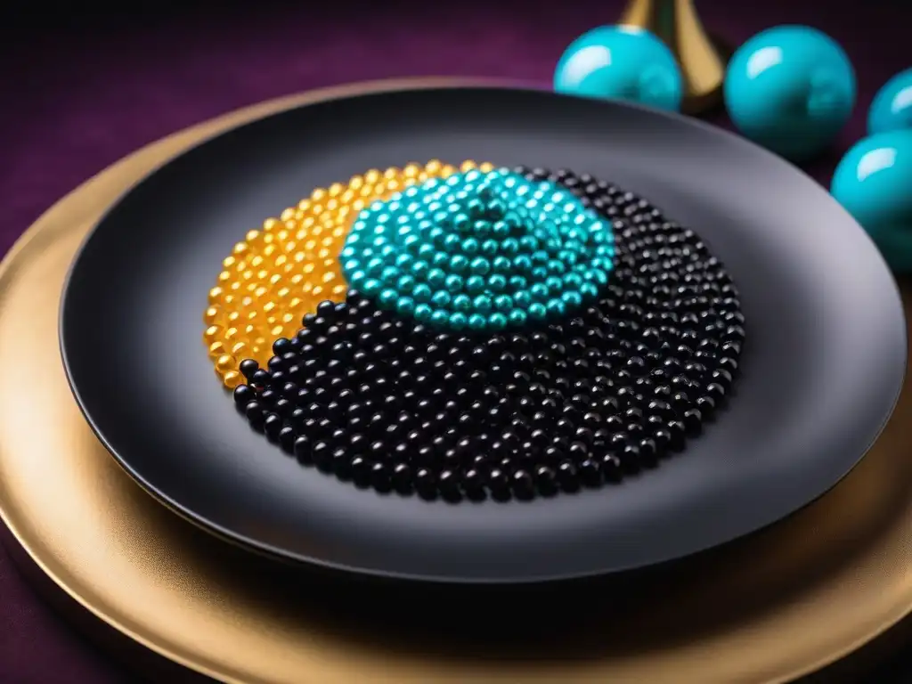Un delicioso plato negro con caviar vegano gourmet en vibrantes colores, listo para disfrutar