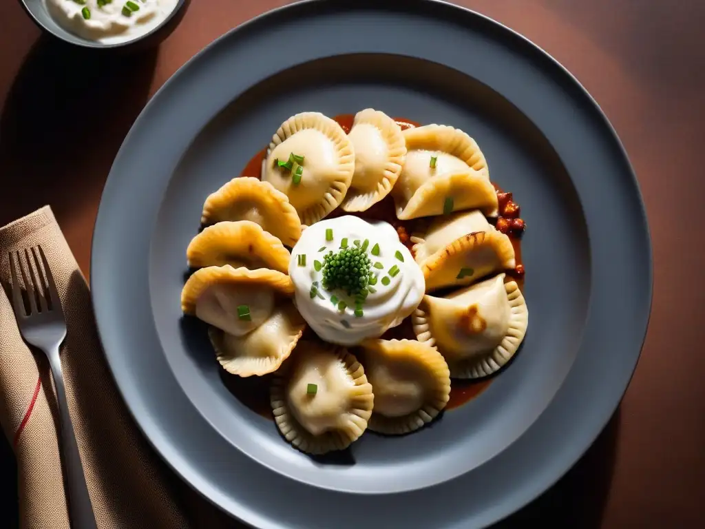 Un delicioso plato de pierogi vegano dorado con crema agria sin lácteos y chives, sobre fondo minimalista