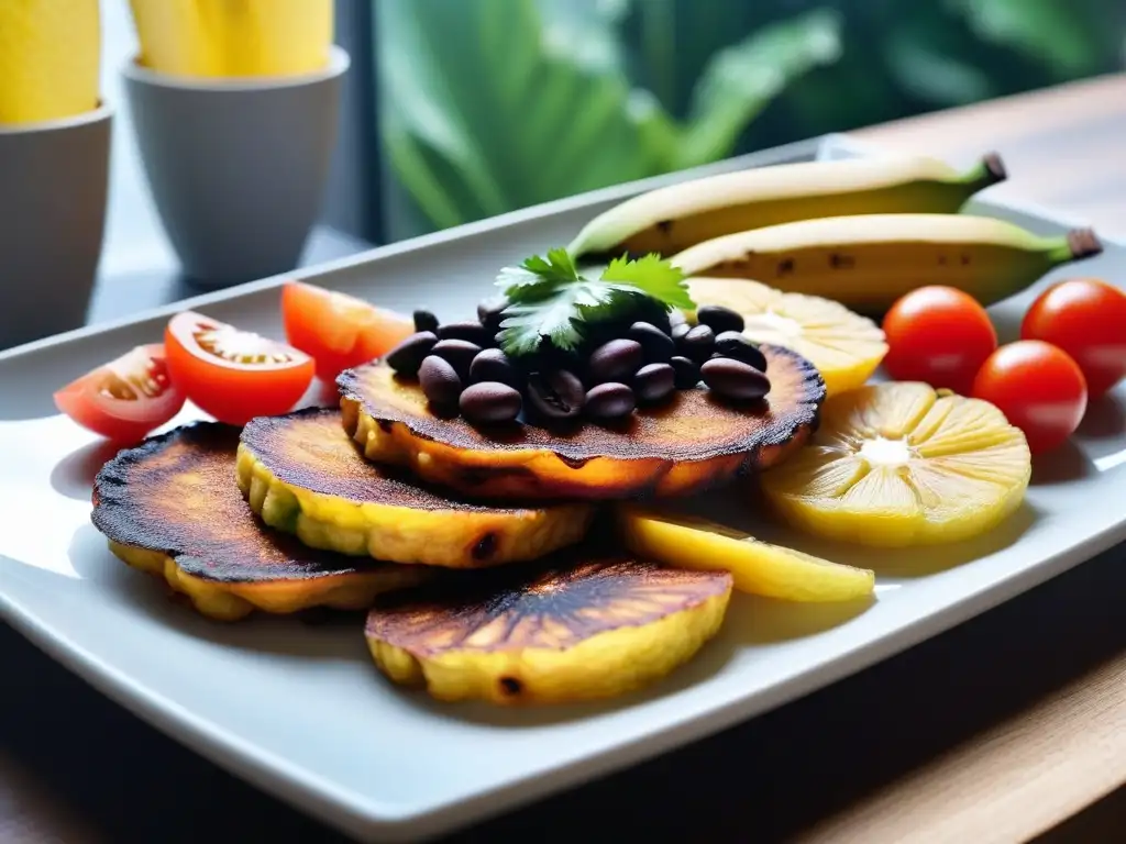 Delicioso plato de tostones veganos con tomate, aguacate y frijoles, sobre hojas de plátano