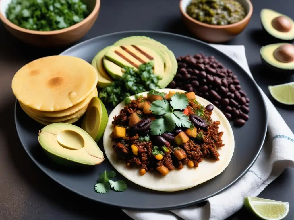 Delicioso plato vegano de arepas coloridas con rellenos latinos, en un ambiente moderno de cocina