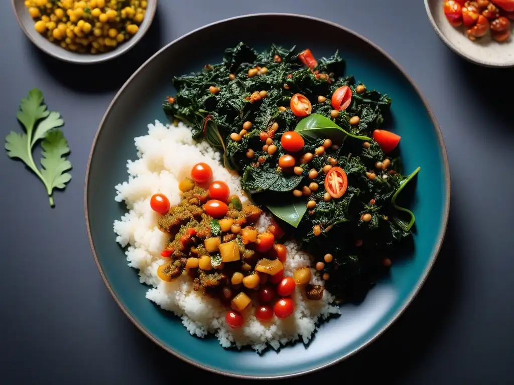 Delicioso plato vegano Sukuma Wiki receta con coloridas verduras y Ugali, presentado de forma elegante en un plato moderno