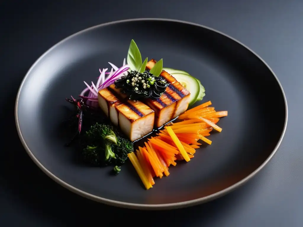 Dish vegano coreano: explosión de color y sabor Delicioso plato vegano coreano con tofu, verduras encurtidas, algas crujientes y salsa gochujang en un elegante plato negro