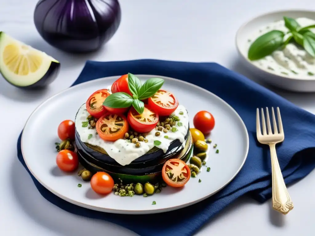 Un delicioso plato vegano griego con berenjena, calabacín y tomate, cubierto de tzatziki y orégano fresco, presentado en un plato blanco moderno