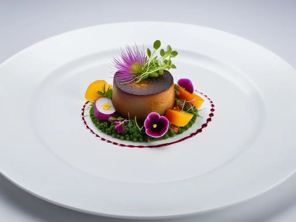 Delicioso plato vegano de lujo, con vegetales coloridos y flores comestibles