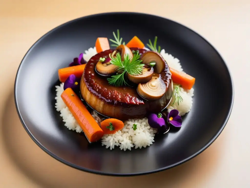 Delicioso plato vegano reinventado de la gastronomía: tofu marinado con verduras en salsa de vino tinto