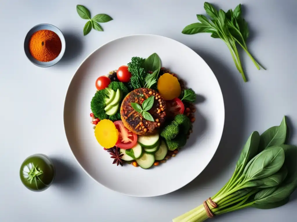 Delicioso plato vegano rodeado de ingredientes frescos en una cocina moderna