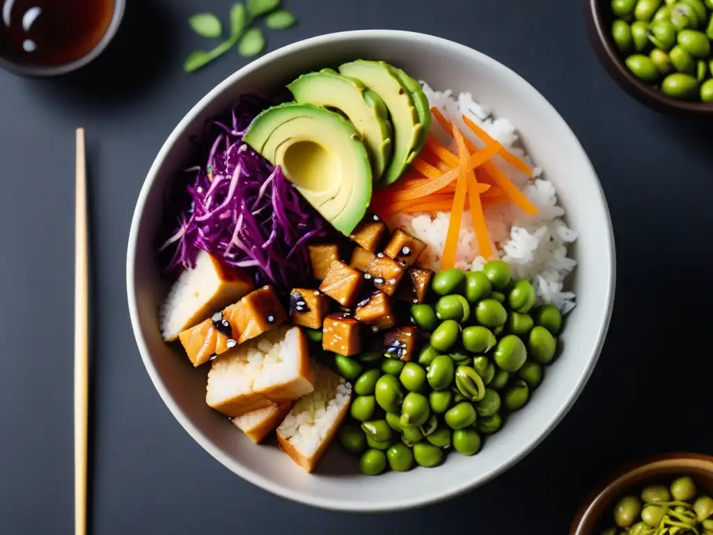 Un delicioso poke bowl vegano con ingredientes coloridos potenciados con umami, en un elegante tazón blanco sobre fondo oscuro