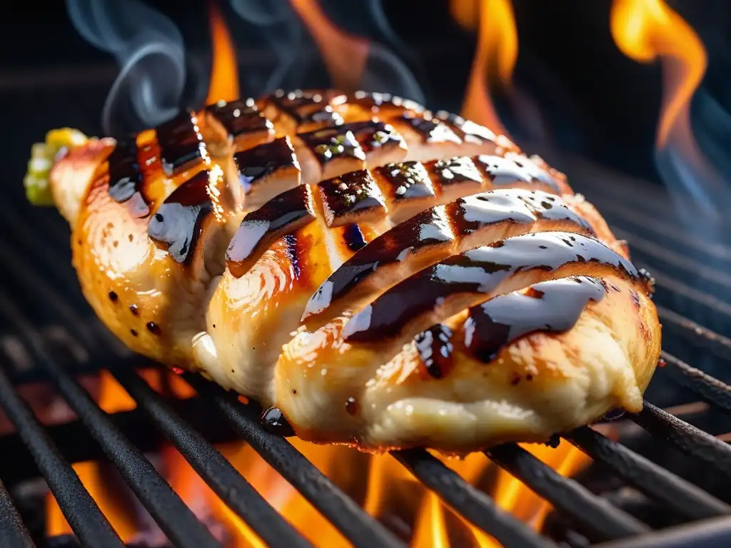 Delicioso pollo vegano a la parrilla con sabor auténtico y secreto, bañado en salsa BBQ, con marcas de parrilla perfectas y un toque ahumado