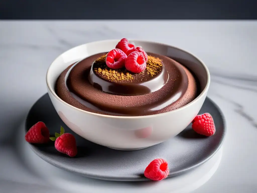 Un delicioso postre vegano: mousse de chocolate con frambuesas en un elegante bol blanco sobre encimera de mármol