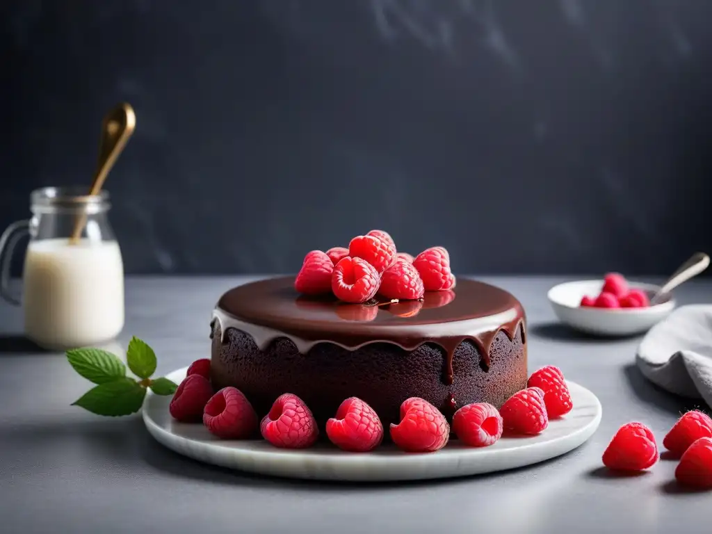 Delicioso postre vegano sin gluten: exquisita torta de chocolate con ganache, frambuesas y flores comestibles en plato de mármol en cocina minimalista